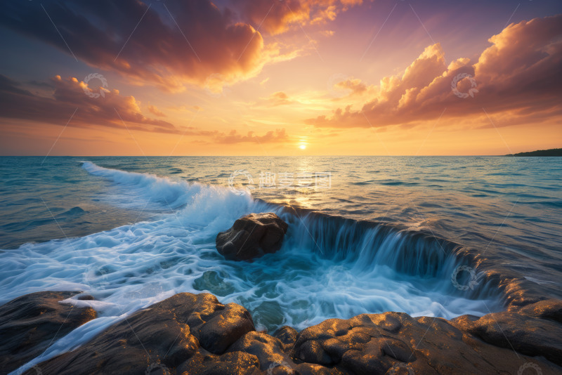 高清大图下载【趣麦麦图】海边日落海浪拍打礁石景观