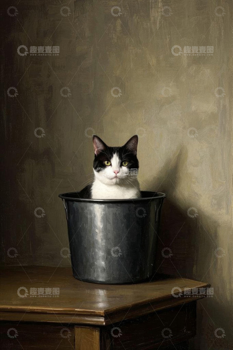 高清大图下载【趣麦麦图】黑白猫坐于金属桶内