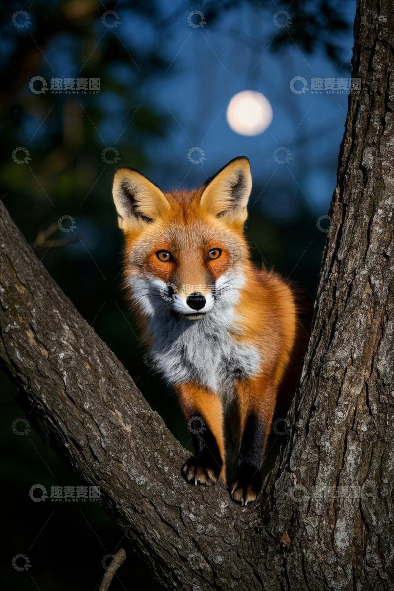 高清大图下载【趣麦麦图】月夜下树上的狐狸特写