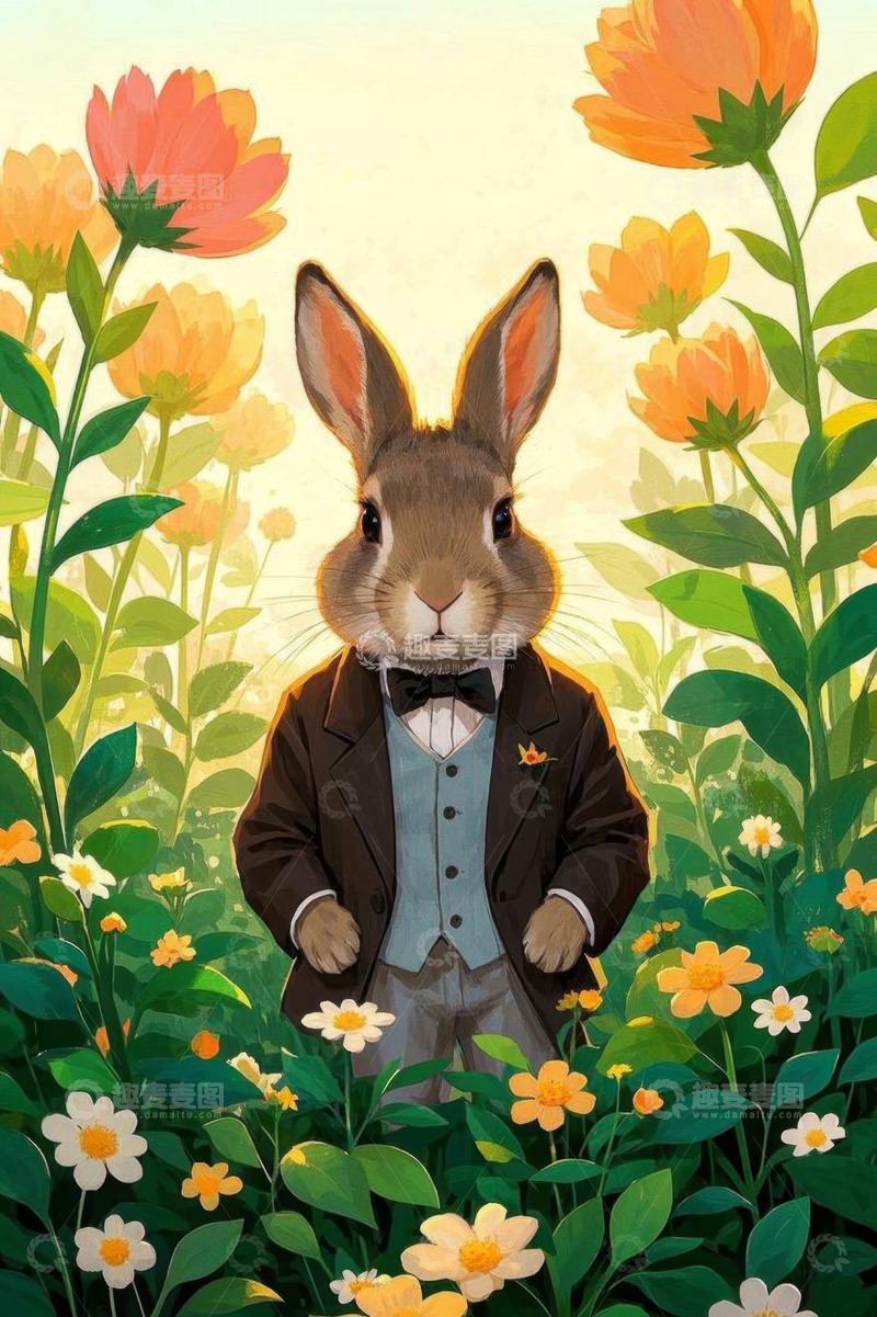 高清大图下载【趣麦麦图】花丛中穿西装的兔子