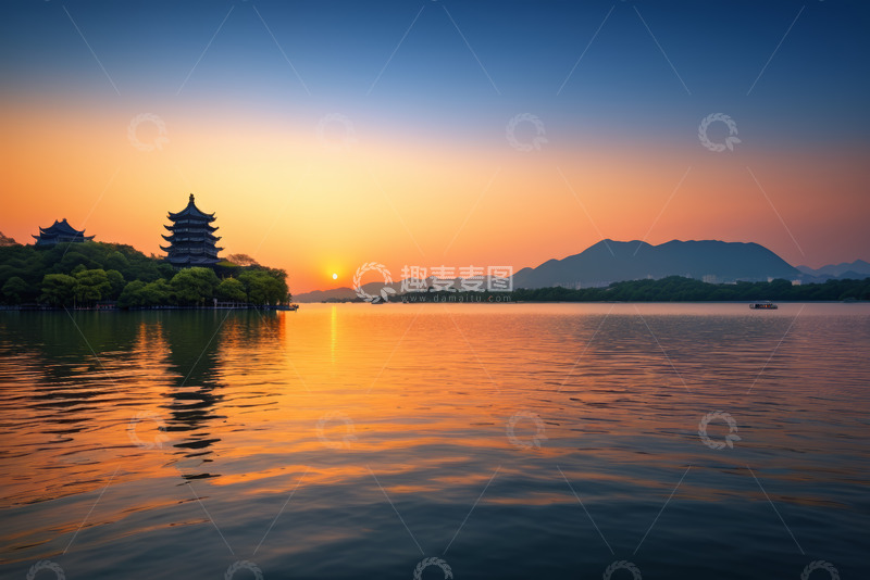 高清大图下载【趣麦麦图】杭州西湖日落时分湖景