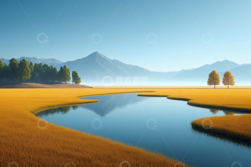 高清大图下载【趣麦麦图】金色原野中的河流与远山景观