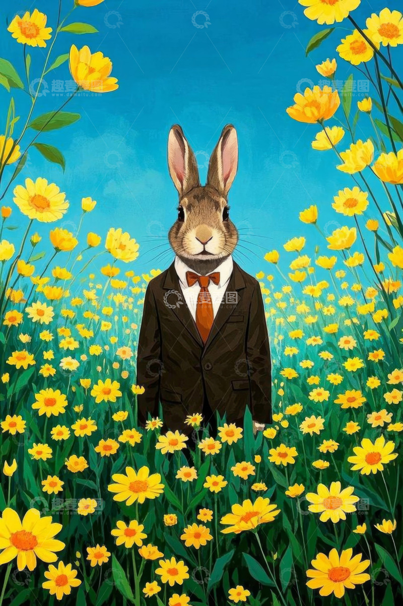 高清大图下载【趣麦麦图】穿西装的兔子置身黄色花海中