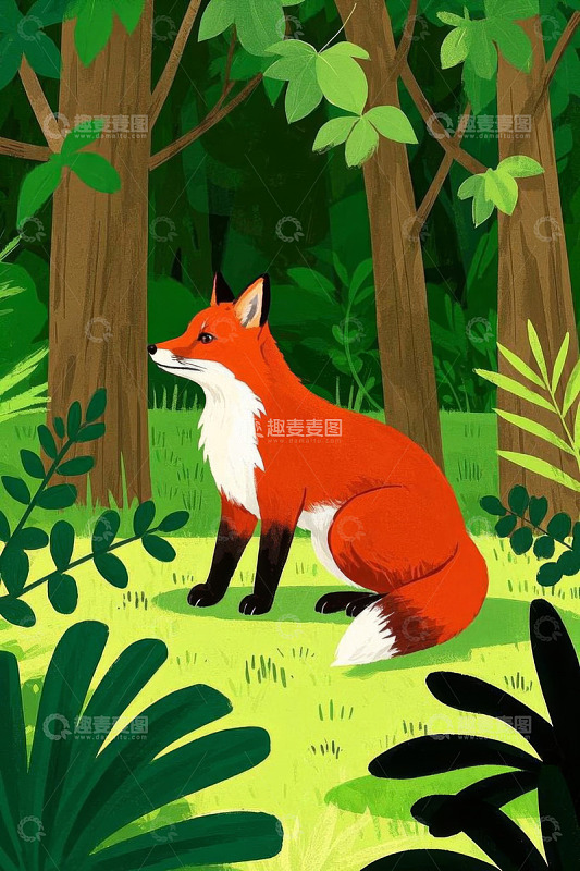 森林中坐着的红狐狸插画