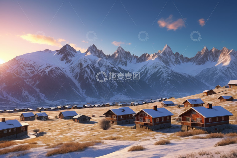 高清大图下载【趣麦麦图】雪山下的村庄雪景风光