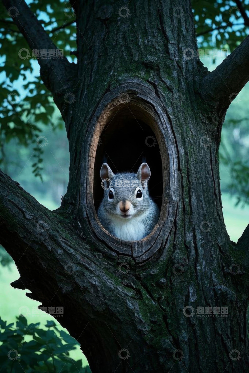 高清大图下载【趣麦麦图】树洞中探头的松鼠