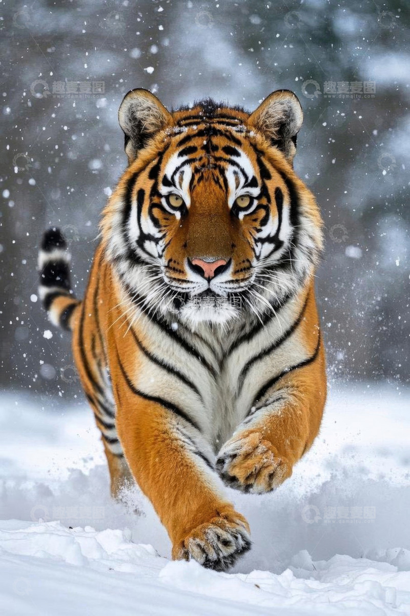 高清大图下载【趣麦麦图】雪地中奔跑的老虎