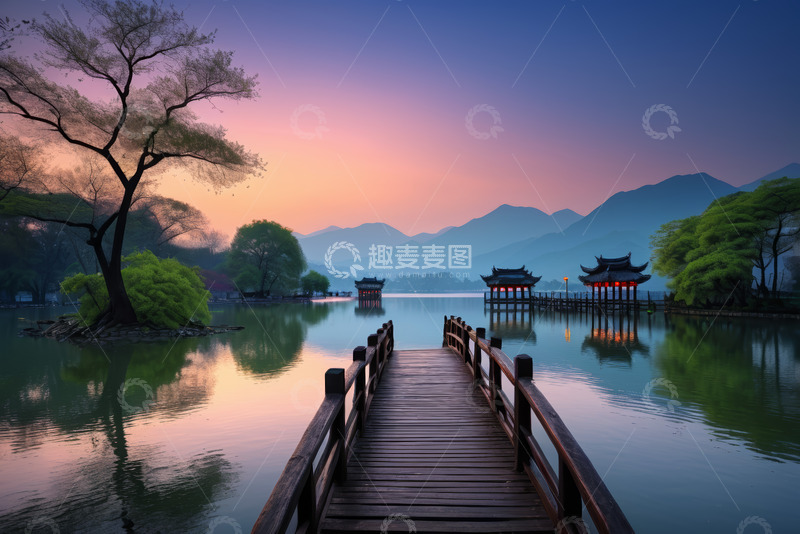 高清大图下载【趣麦麦图】西湖黄昏湖畔木桥自然风光