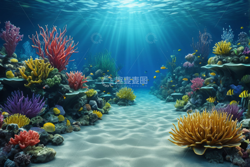 高清大图下载【趣麦麦图】海底五彩斑斓珊瑚与鱼群景观
