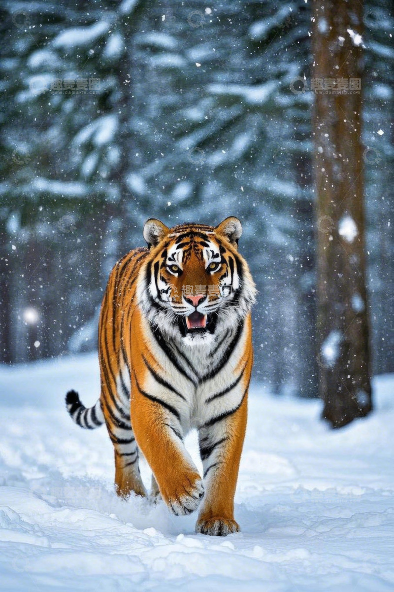 高清大图下载【趣麦麦图】雪地中行走的老虎