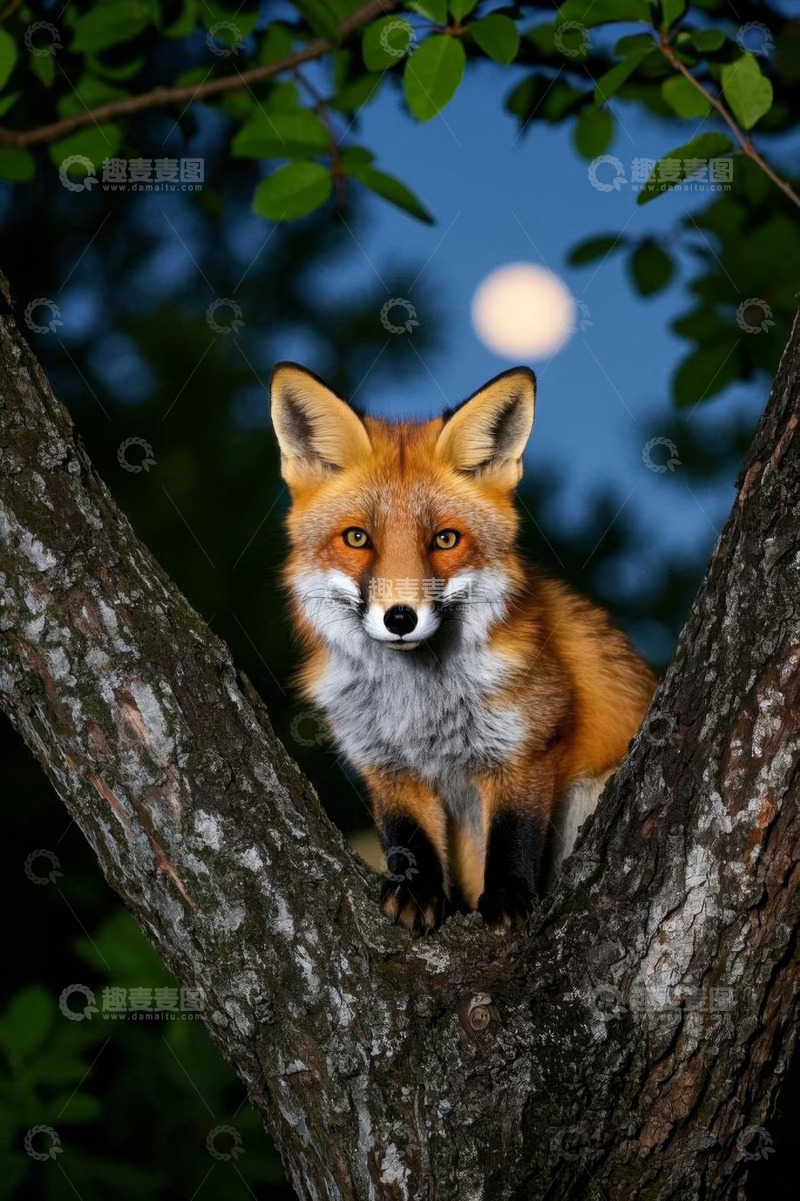 高清大图下载【趣麦麦图】树上的狐狸与月夜景象