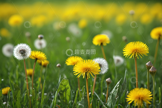 蒲公英盛开的绿色草地