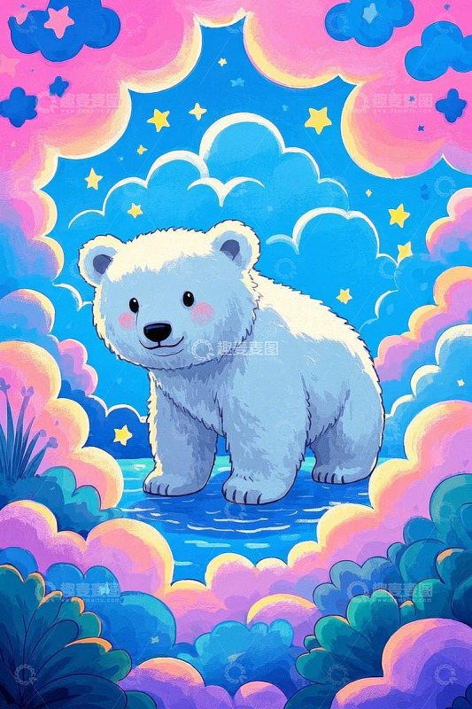 卡通北极熊置身梦幻星空云朵中