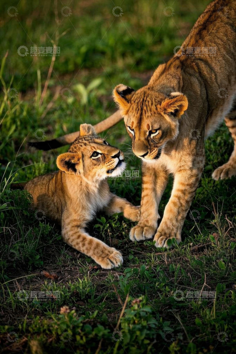 高清大图下载【趣麦麦图】草原上嬉戏的两只小狮子