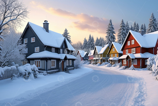 冬日雪覆盖的彩色房屋街道