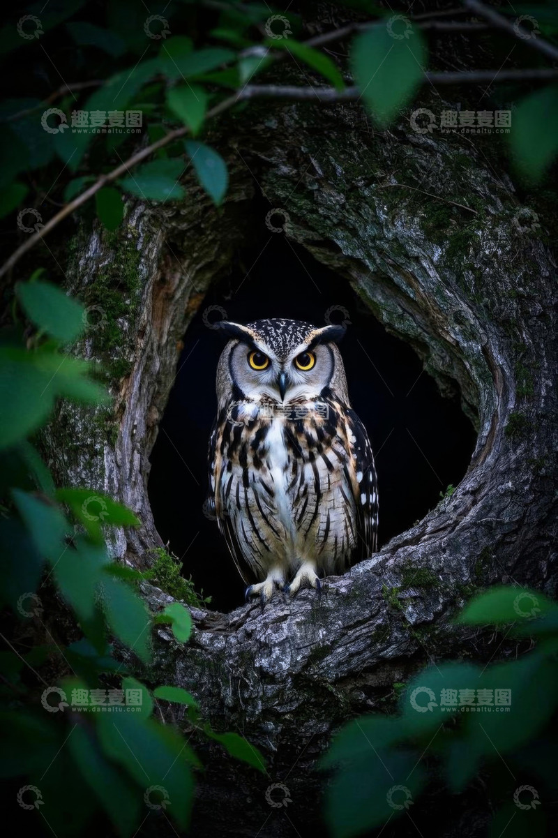 高清大图下载【趣麦麦图】树洞中栖息的猫头鹰