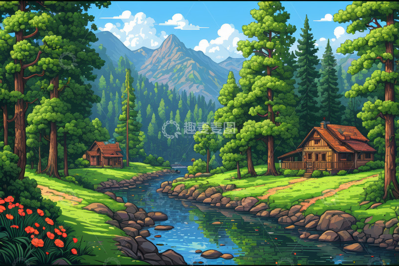 高清大图下载【趣麦麦图】森林中的木屋与溪流风景