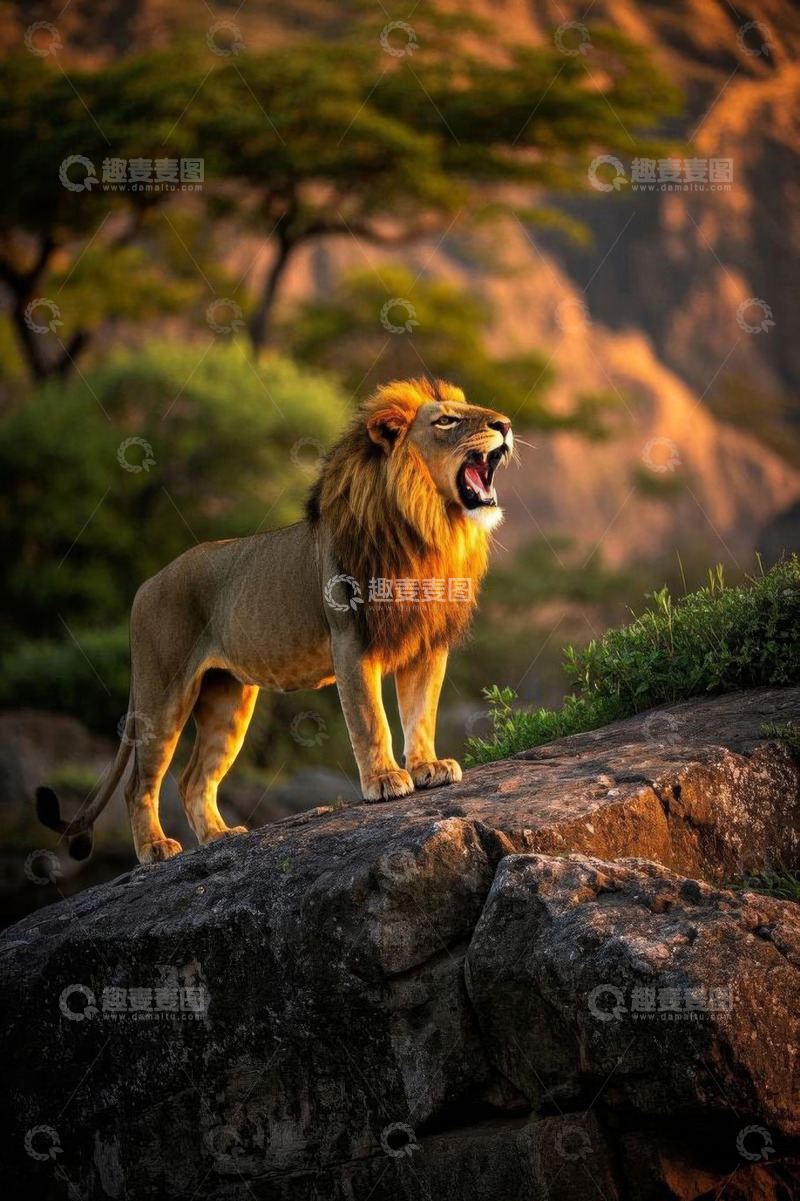 高清大图下载【趣麦麦图】岩石上咆哮的雄狮