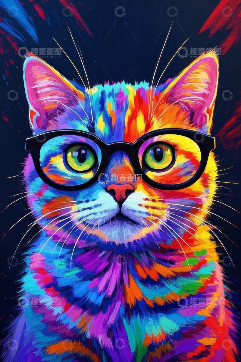 高清大图下载【趣麦麦图】戴眼镜的彩色猫咪肖像