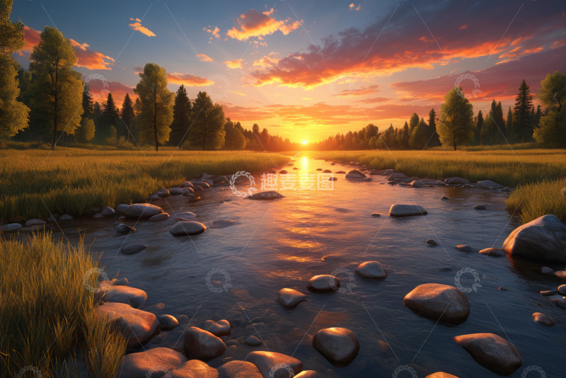 高清大图下载【趣麦麦图】日落时分溪边森林自然风光