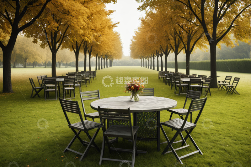 高清大图下载【趣麦麦图】公园草坪上的户外桌椅布置