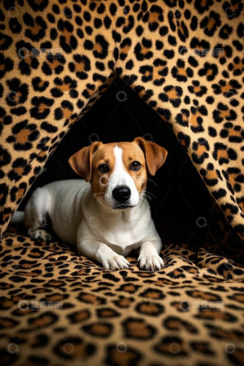 高清大图下载【趣麦麦图】趴在豹纹毯子下的小狗