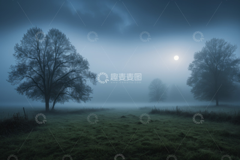 高清大图下载【趣麦麦图】雾中草地树木与月光景观