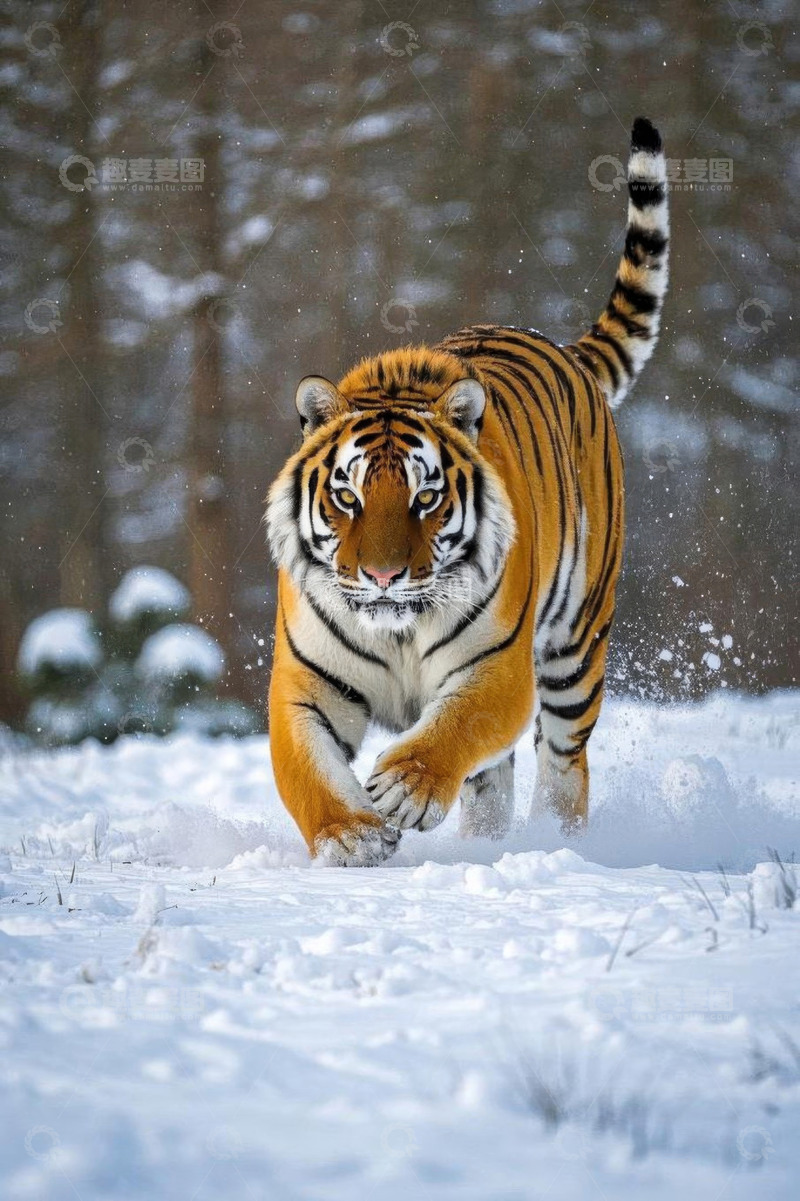 高清大图下载【趣麦麦图】雪地中奔跑的老虎