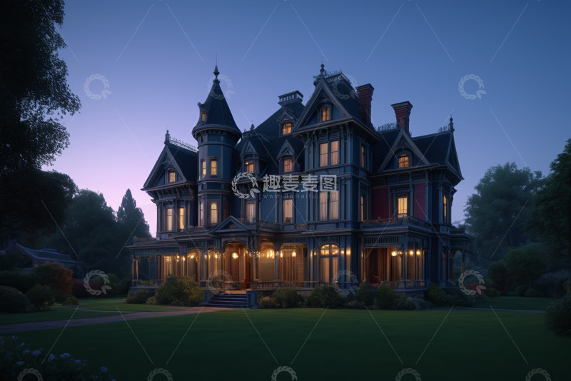 高清大图下载【趣麦麦图】黄昏时的欧式复古风格别墅