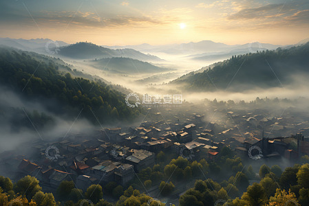 山间晨雾中的村庄全景