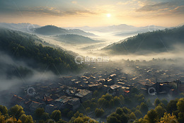 山间晨雾中的村庄全景