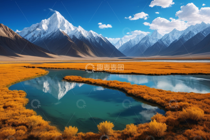 高清大图下载【趣麦麦图】雪山下的草原湖泊风景