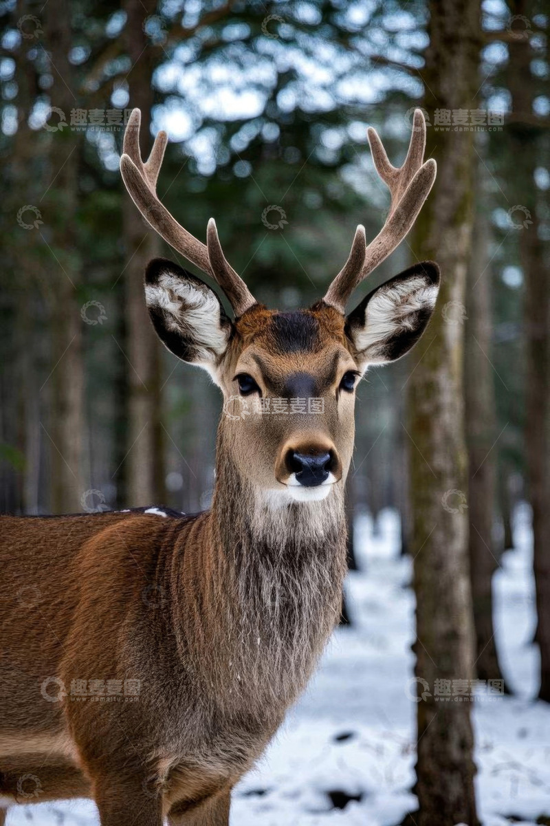 高清大图下载【趣麦麦图】雪地森林中的鹿特写