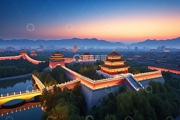 黄昏时北京故宫角楼航拍图