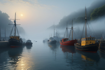 晨雾中的港口船只景象