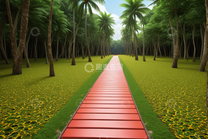 高清大图下载【趣麦麦图】热带棕榈林红色步道景观
