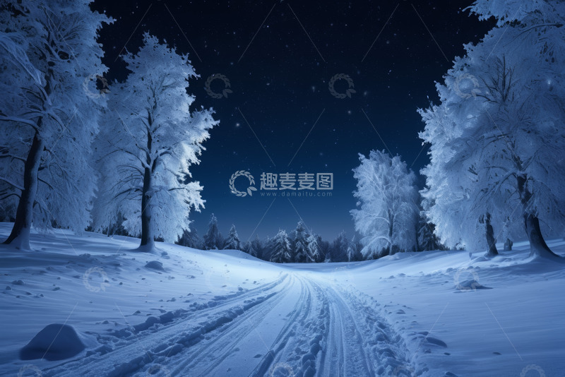 高清大图下载【趣麦麦图】雪夜森林中的积雪道路