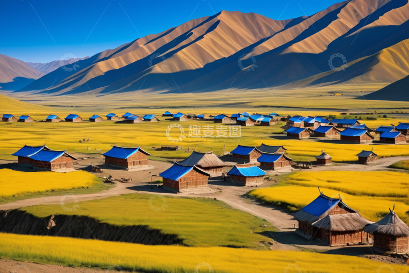 高清大图下载【趣麦麦图】山脚下村庄田园风光