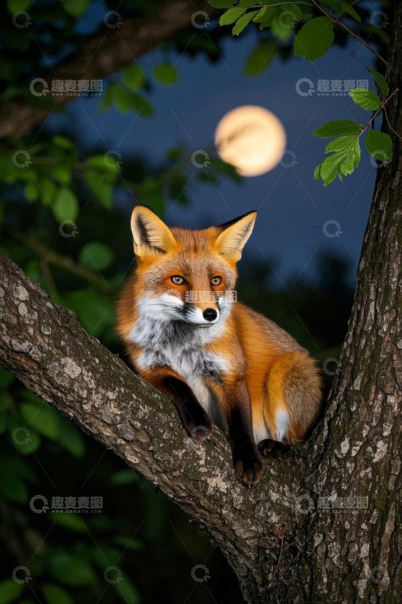 高清大图下载【趣麦麦图】月夜中树上的狐狸