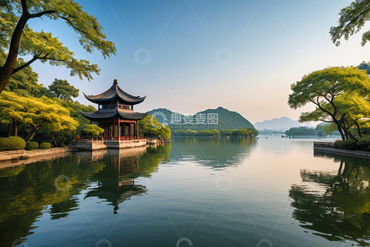 杭州西湖中式亭台湖景