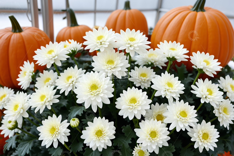 高清大图下载【趣麦麦图】白色菊花与南瓜静物素材