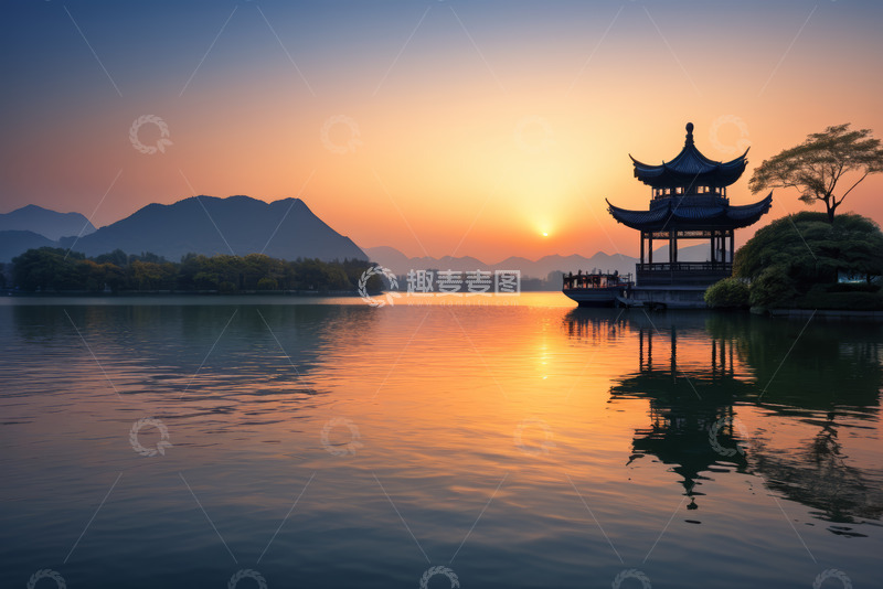 高清大图下载【趣麦麦图】西湖湖畔日落时分亭台景观