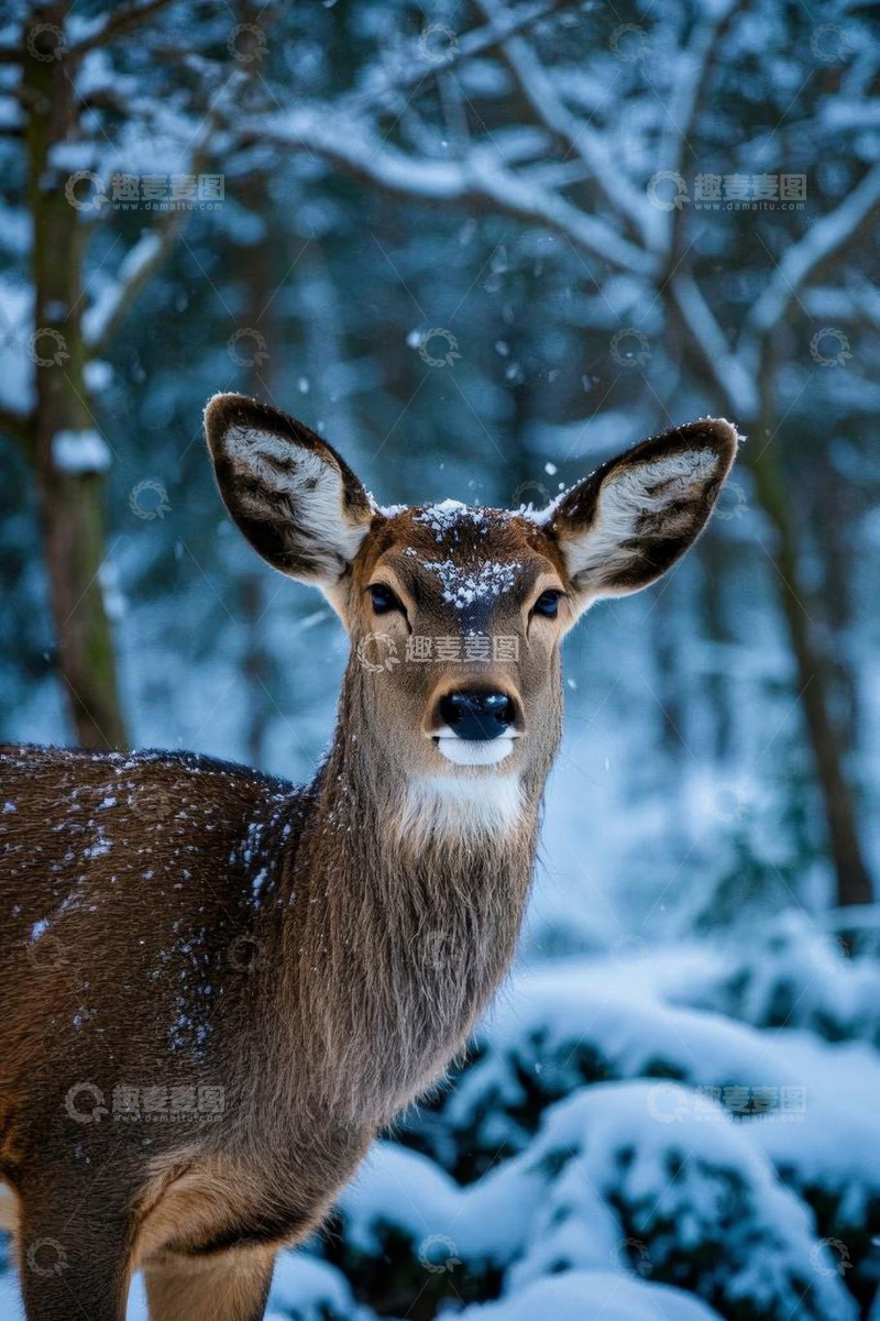 高清大图下载【趣麦麦图】雪天森林中的鹿特写
