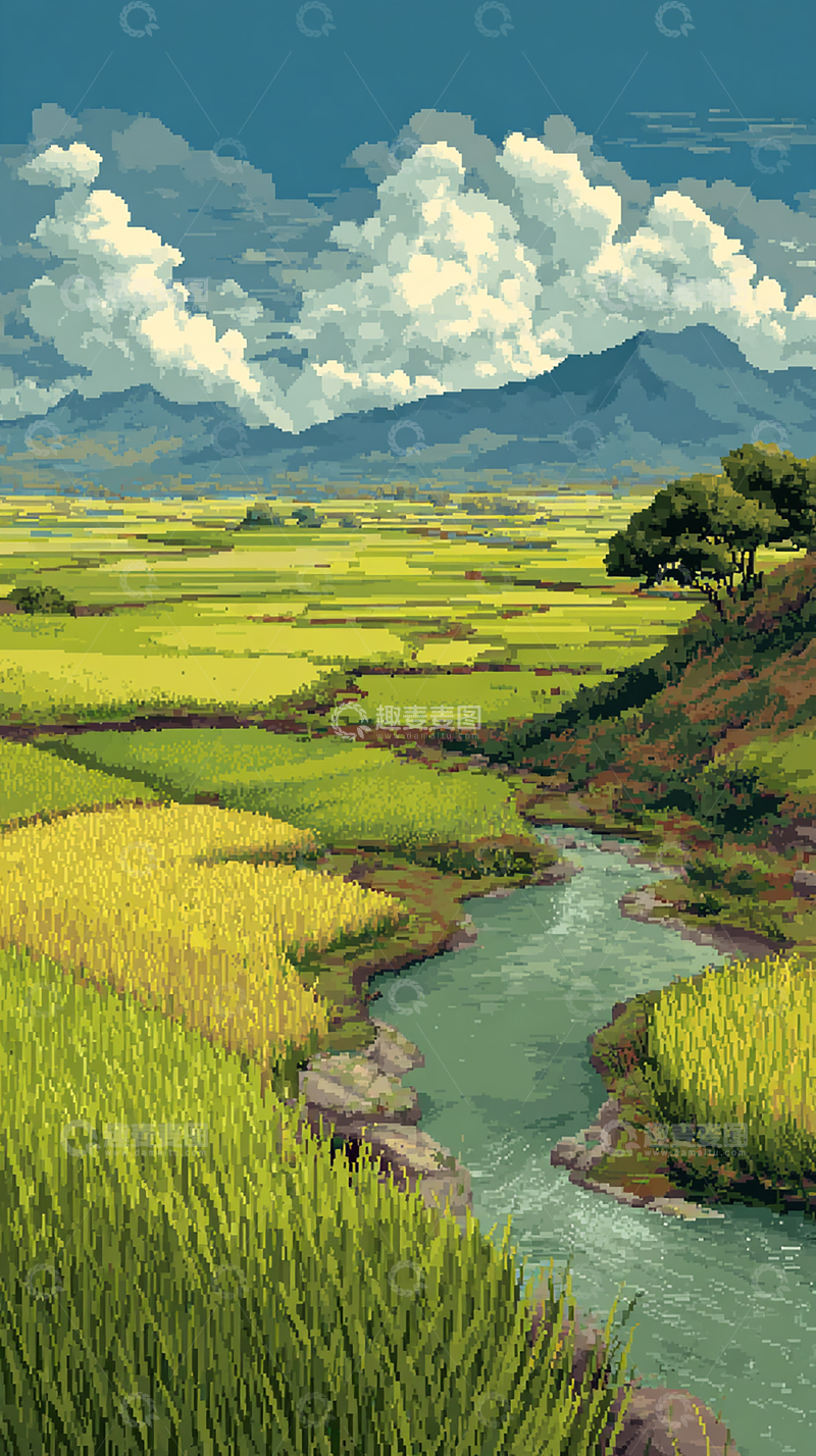 高清大图下载【趣麦麦图】绿色田野与河流