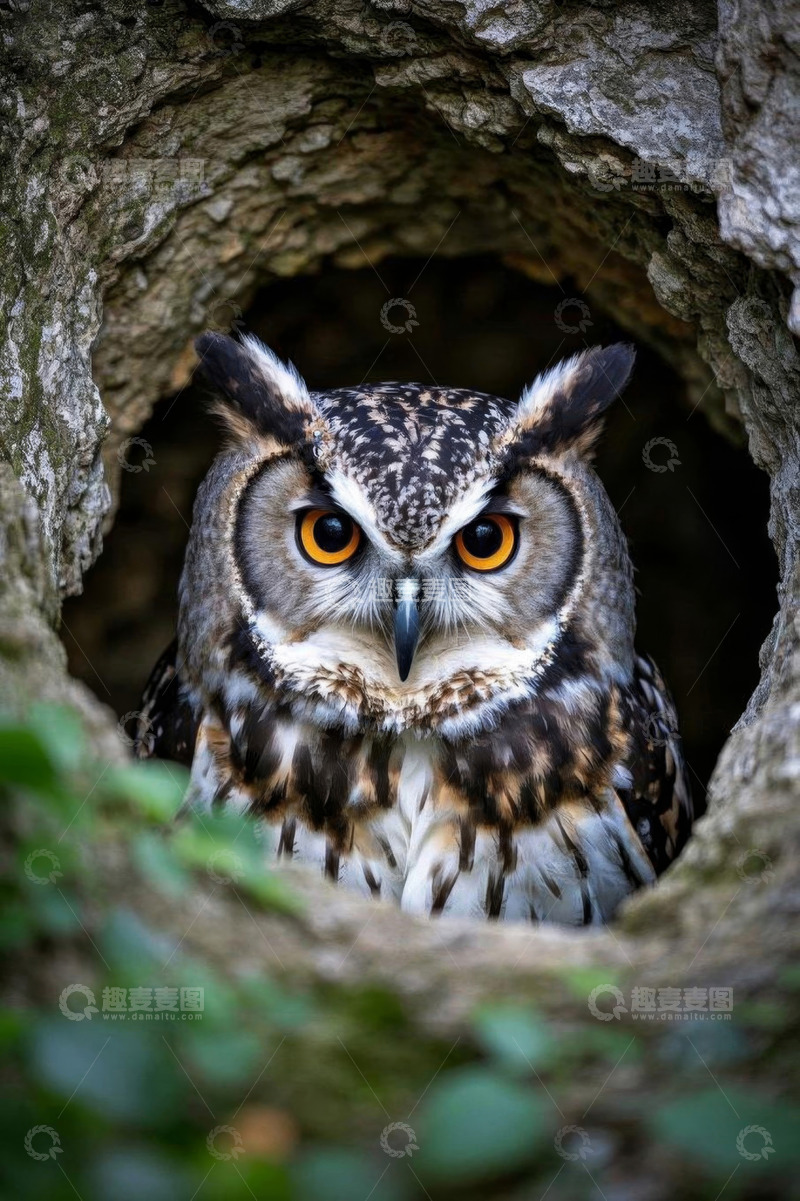 高清大图下载【趣麦麦图】树洞中的猫头鹰特写