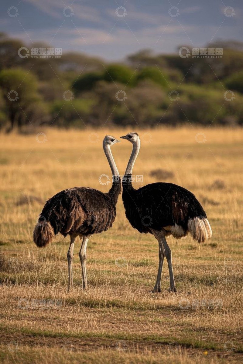 高清大图下载【趣麦麦图】草原上两只鸵鸟亲昵画面