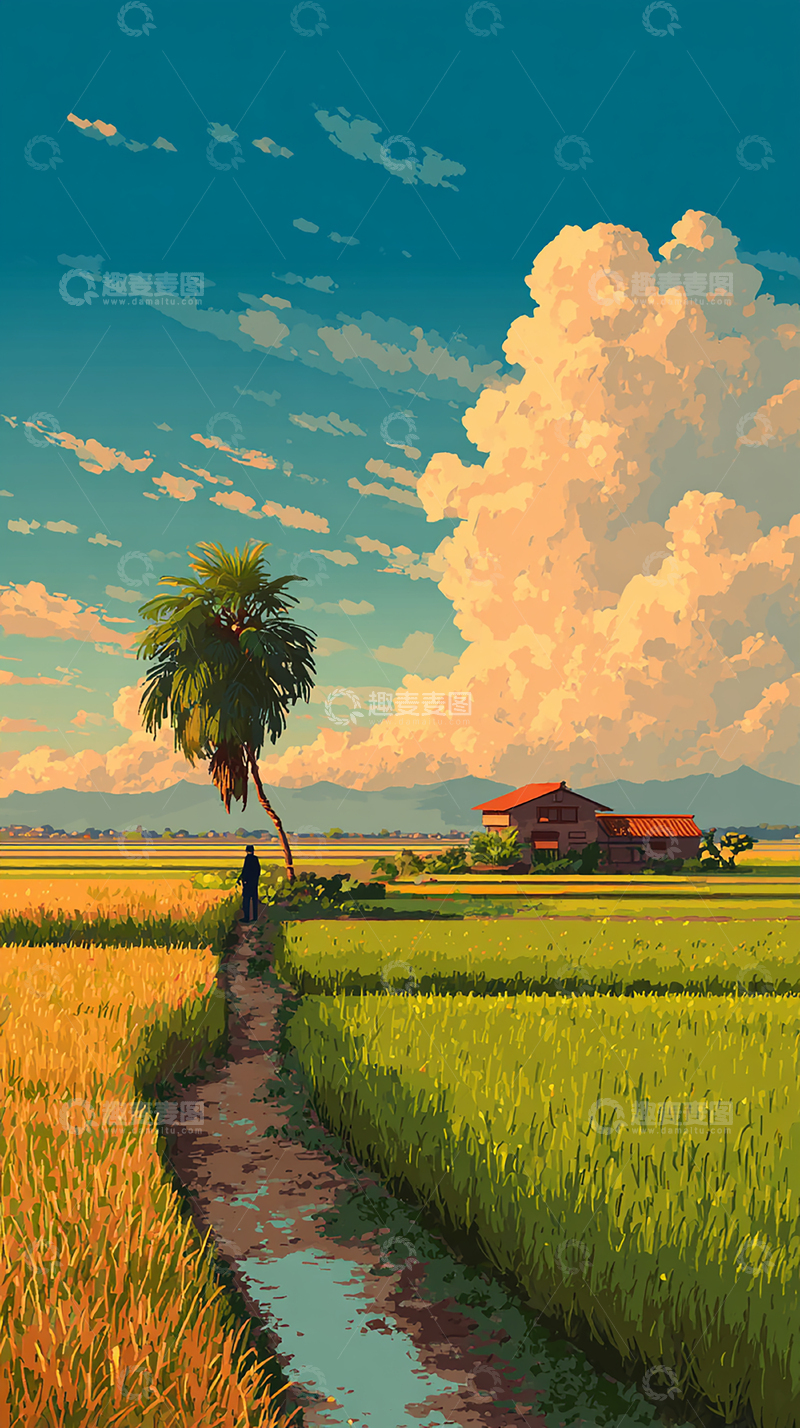 高清大图下载【趣麦麦图】傍晚稻田小路景