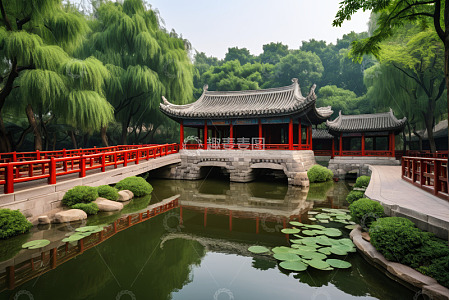 中式园林景观中的亭台楼阁