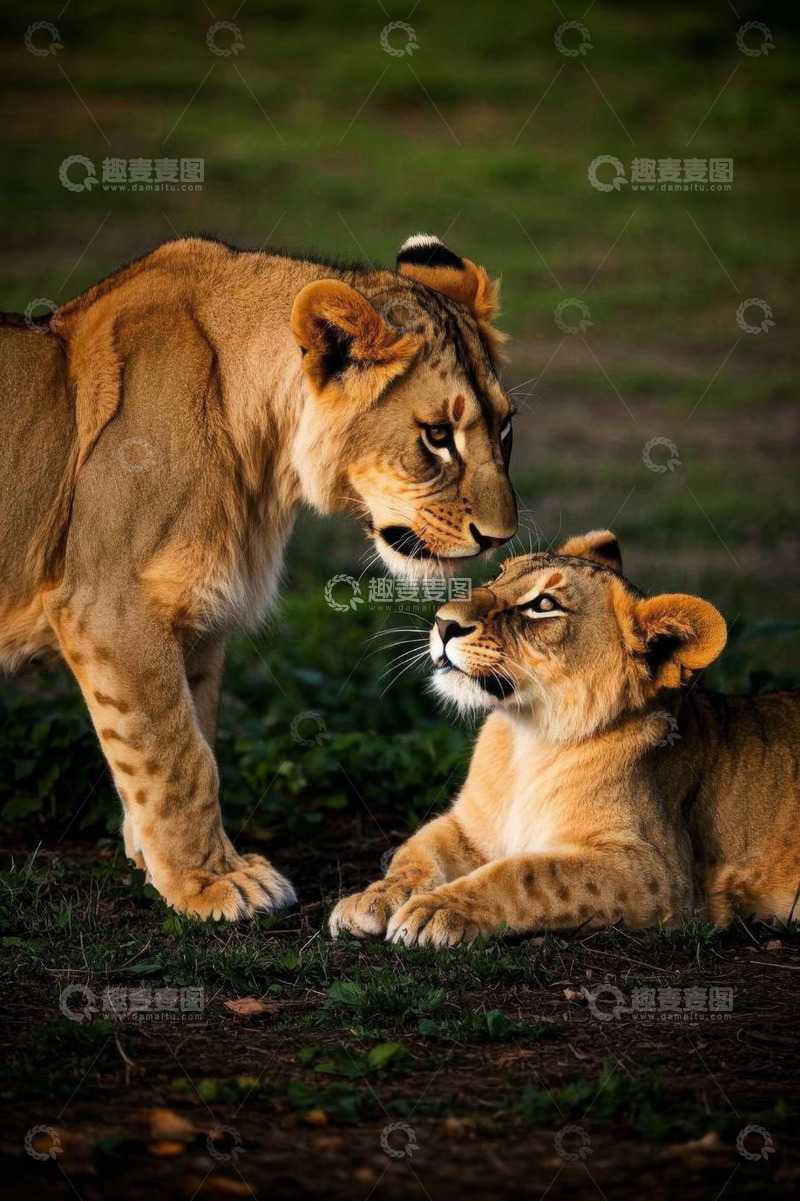 高清大图下载【趣麦麦图】两只狮子亲昵互动场景