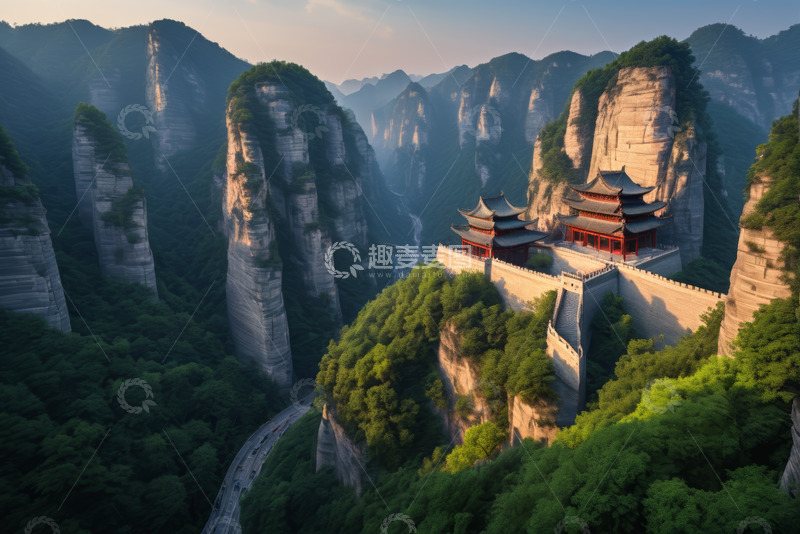 高清大图下载【趣麦麦图】山间古建筑群风景